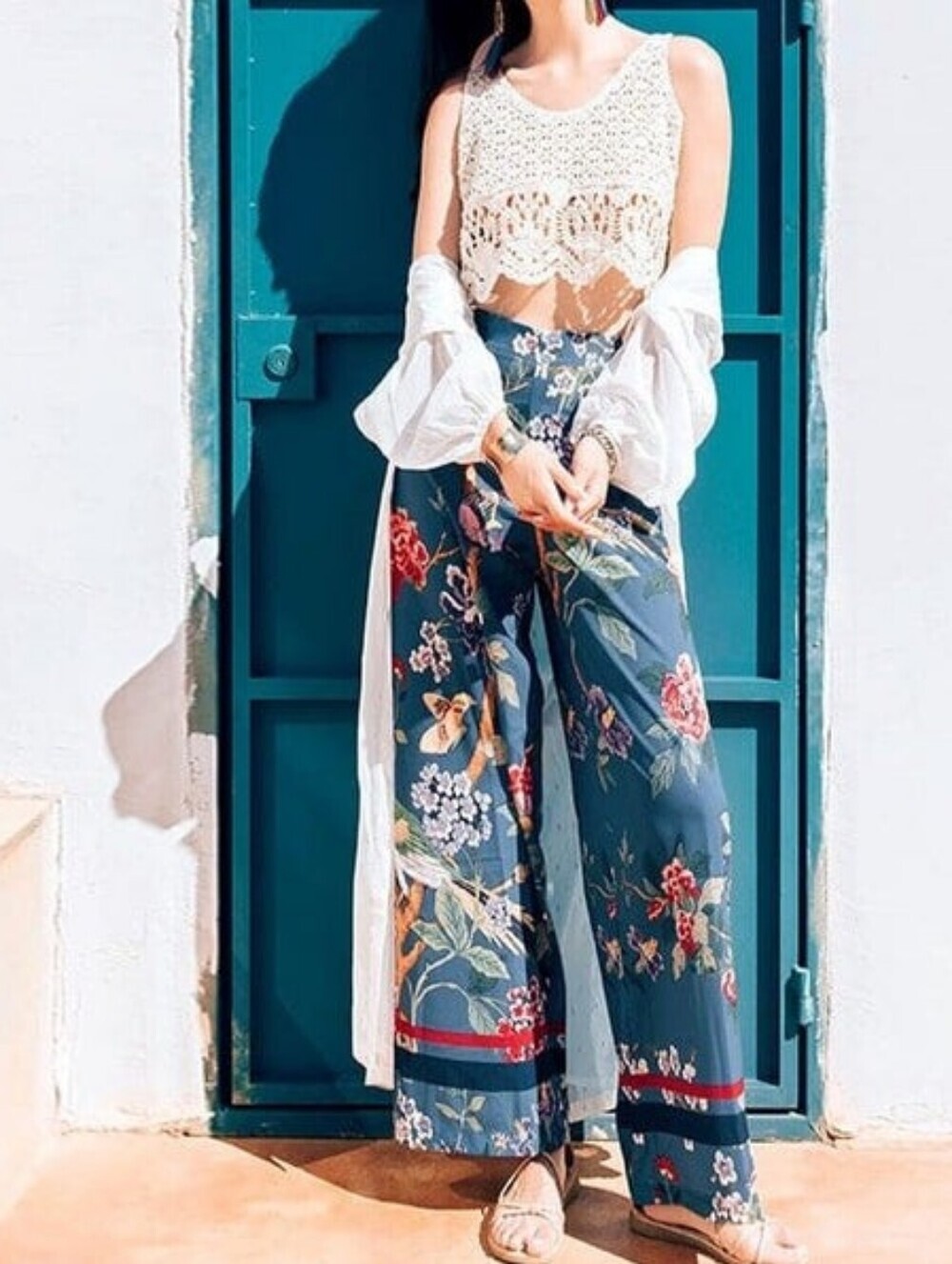 H&M x GP&J Baker Women's Dusky Blue Floral Bird Print Wide Leg Boho Pants Sz 10